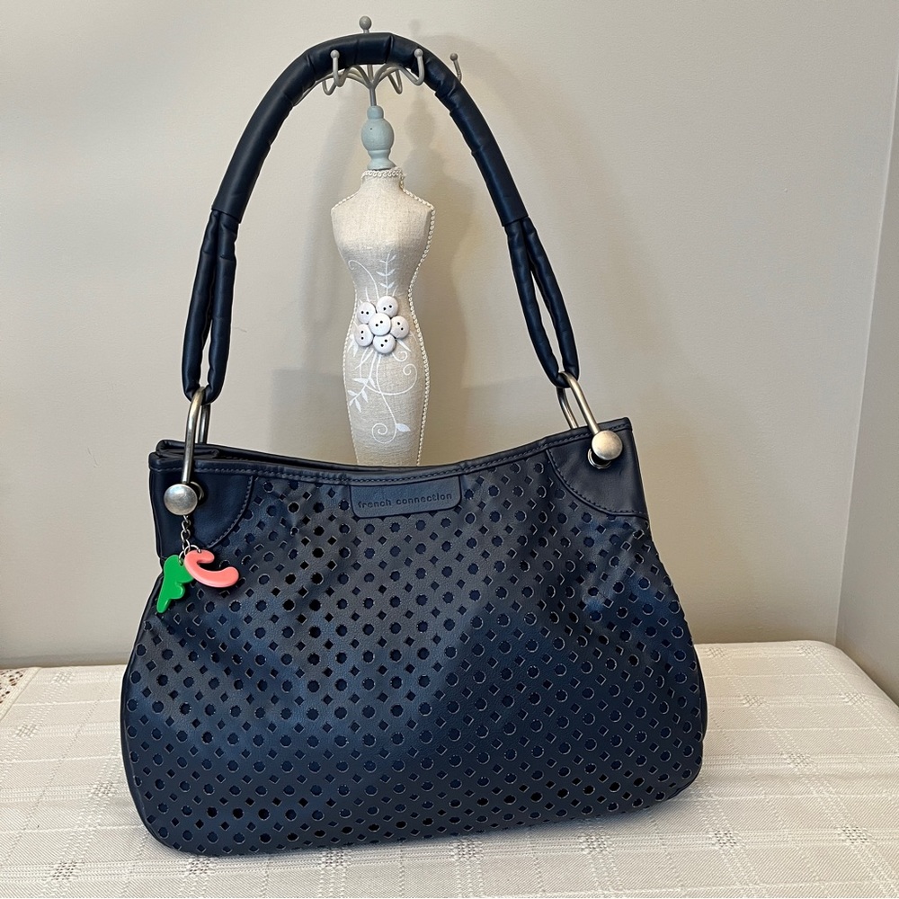 French Connection Faux Leather Perforated  Slouch Shoulder Bag